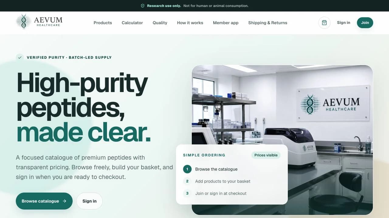 Aevum Healthcare catalogue homepage with a green and white laboratory-led design
