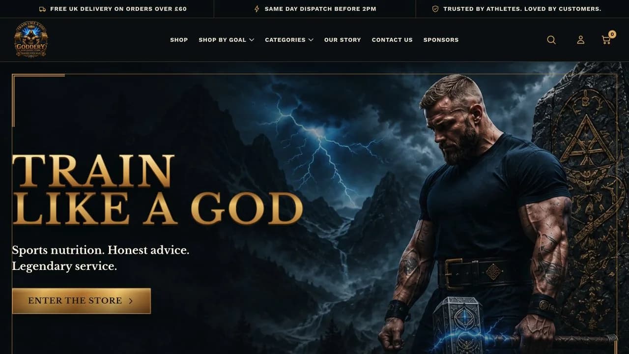 The Goddery storefront with a gold headline and dramatic sports imagery